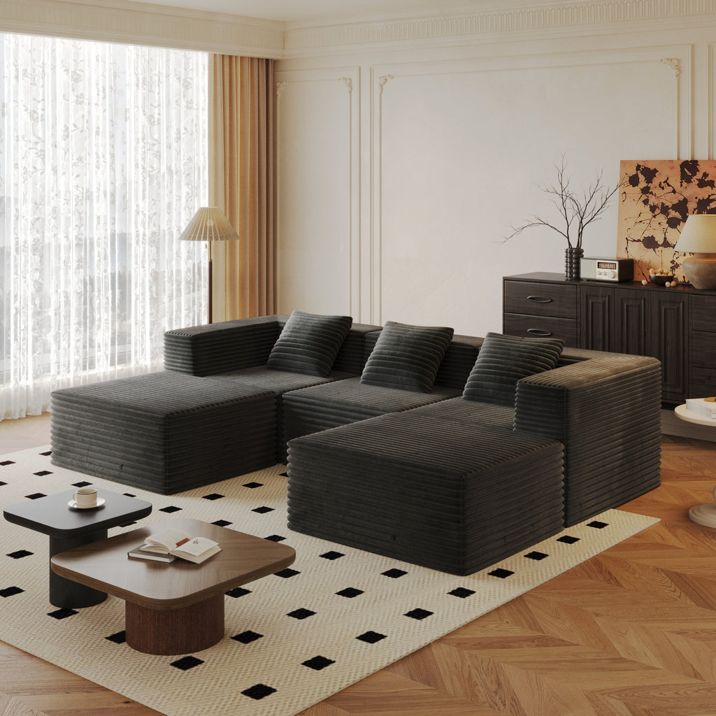 Sectional Sofa Modern Grey Modular Three Seater with Two Ottomans Deep Seat
