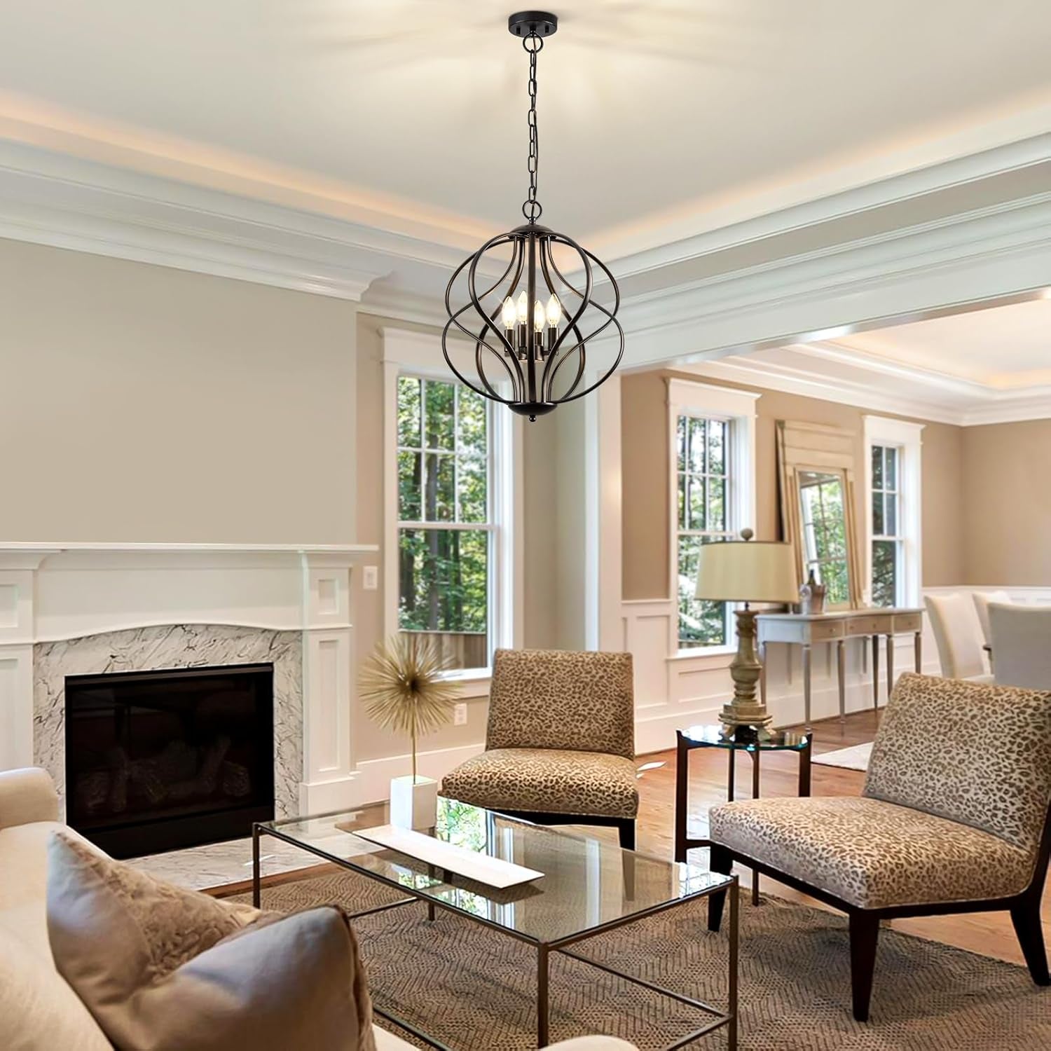 Black Four Light Geometric Pendant Chandelier Dining Room