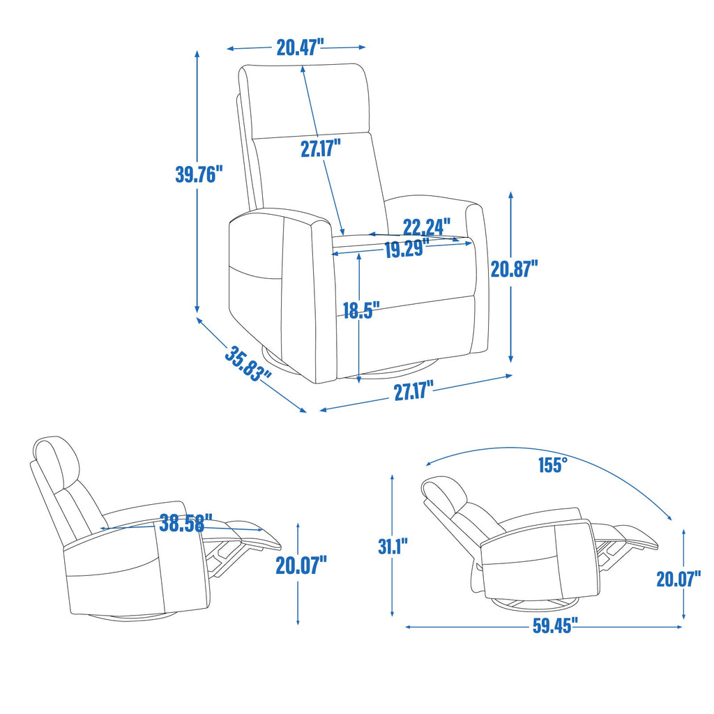 Heat Massage Manual Recliner Chair with Rocker and Swivel in Fabric for Living Room, Blue-Green