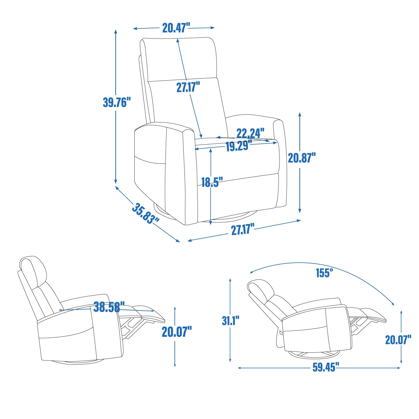 Heat Massage Manual Recliner Chair with Rocker and Swivel in Fabric for Living Room, Blue-Green