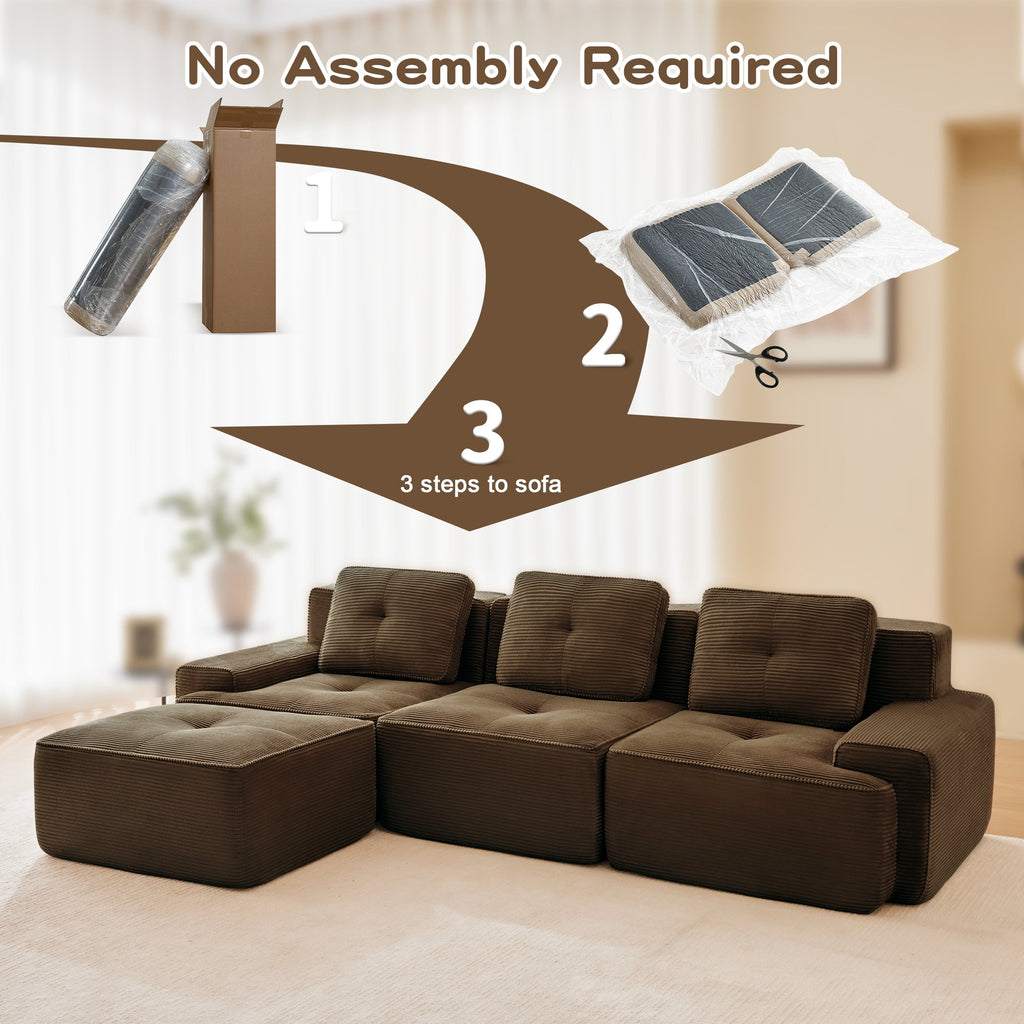 Sectional Sofa L-Shape Corduroy Brown 3 Seat Modular with Ottoman