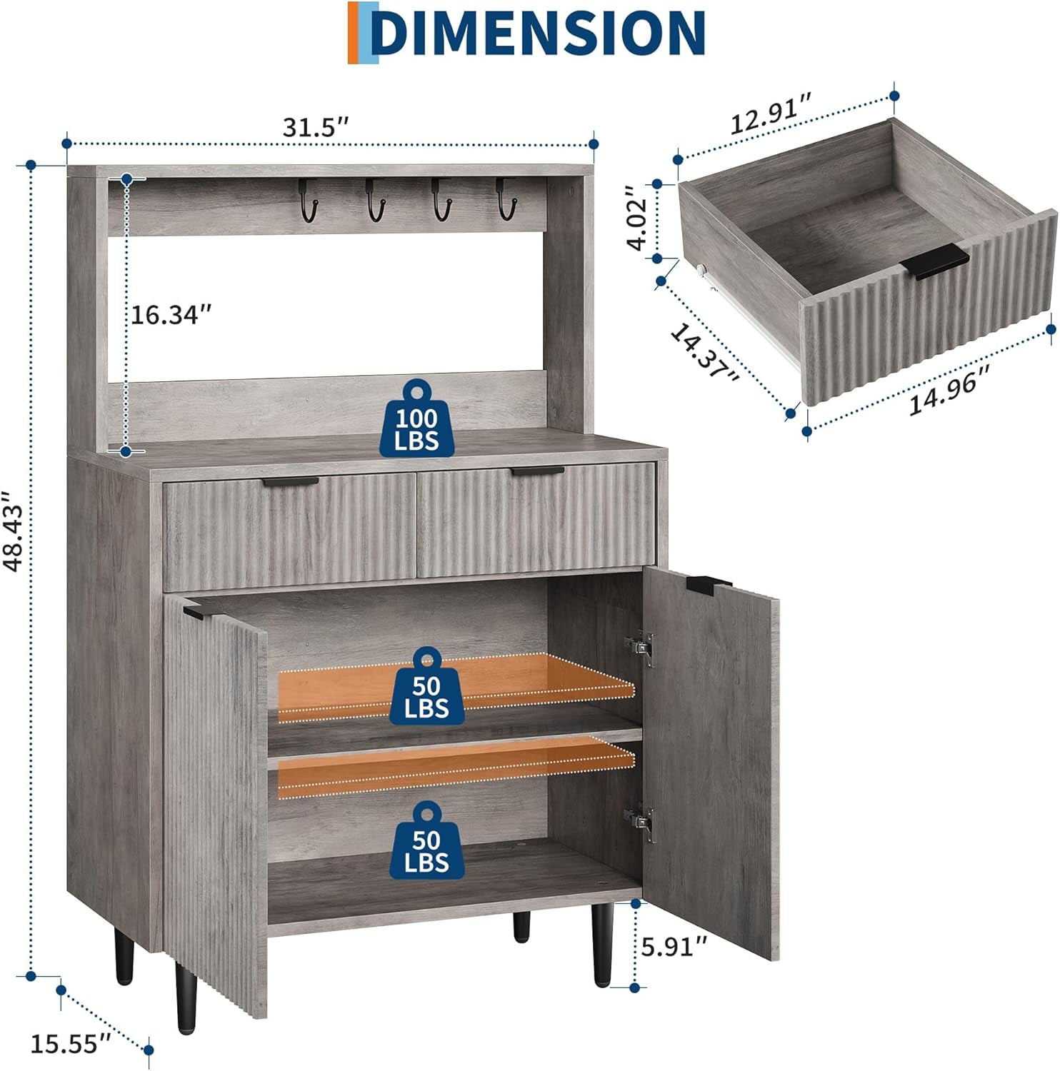 Grey Sideboard Cabinet With 2 Drawers For Dining Room