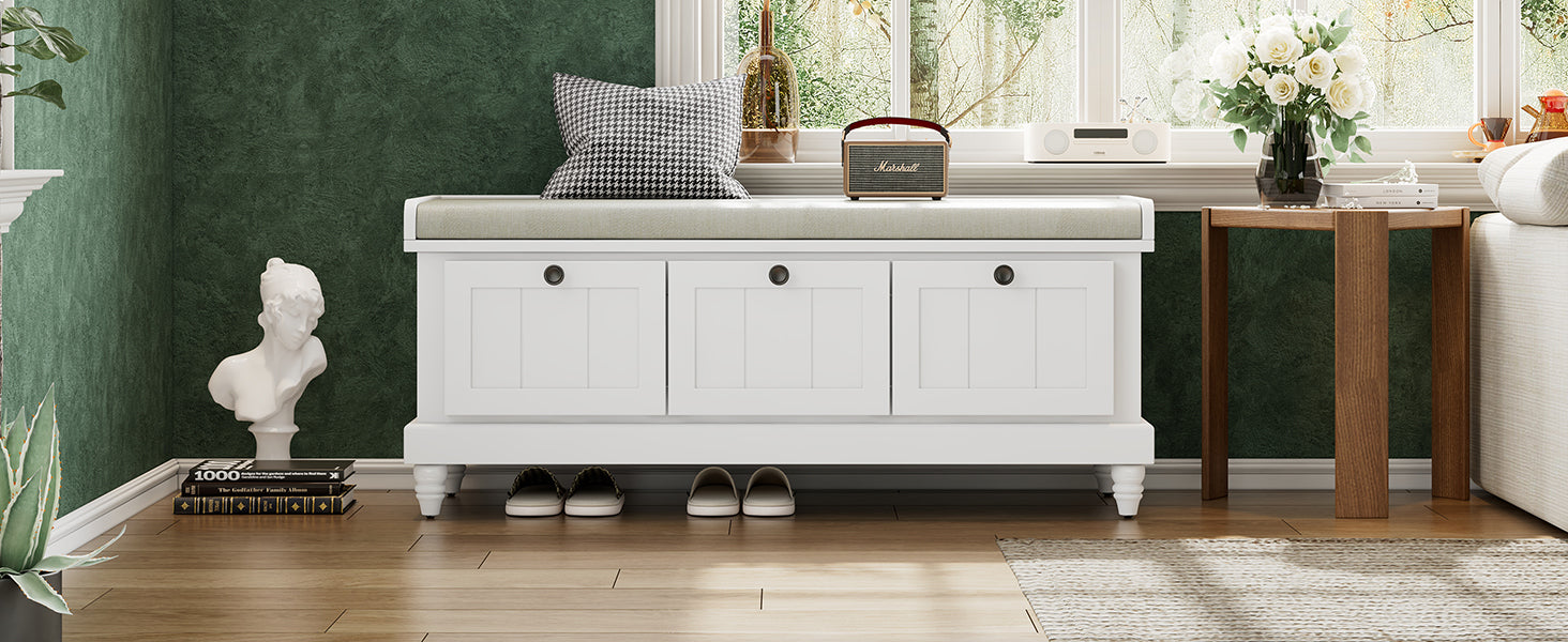 Entry Bench Fluted MDF White Cushioned Seat 3 Drawers 44x16x19 In 220 LB