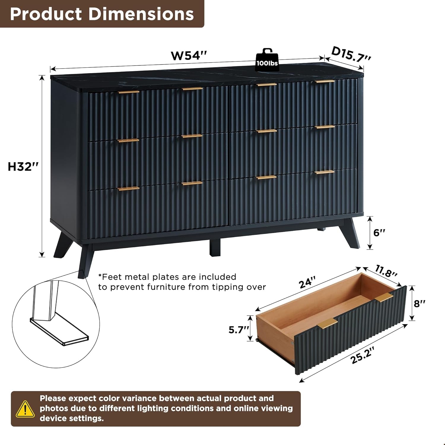 54 Inch Fluted Dresser With Dark Gray Faux Marble Top