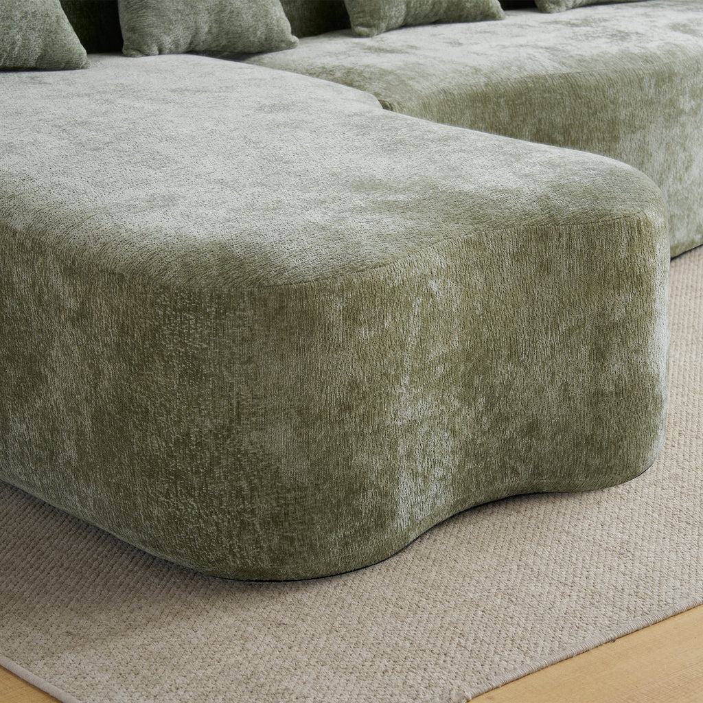Sectional Sofa l Shape Chenille Green Curved Chaise with Foam and Spring Support