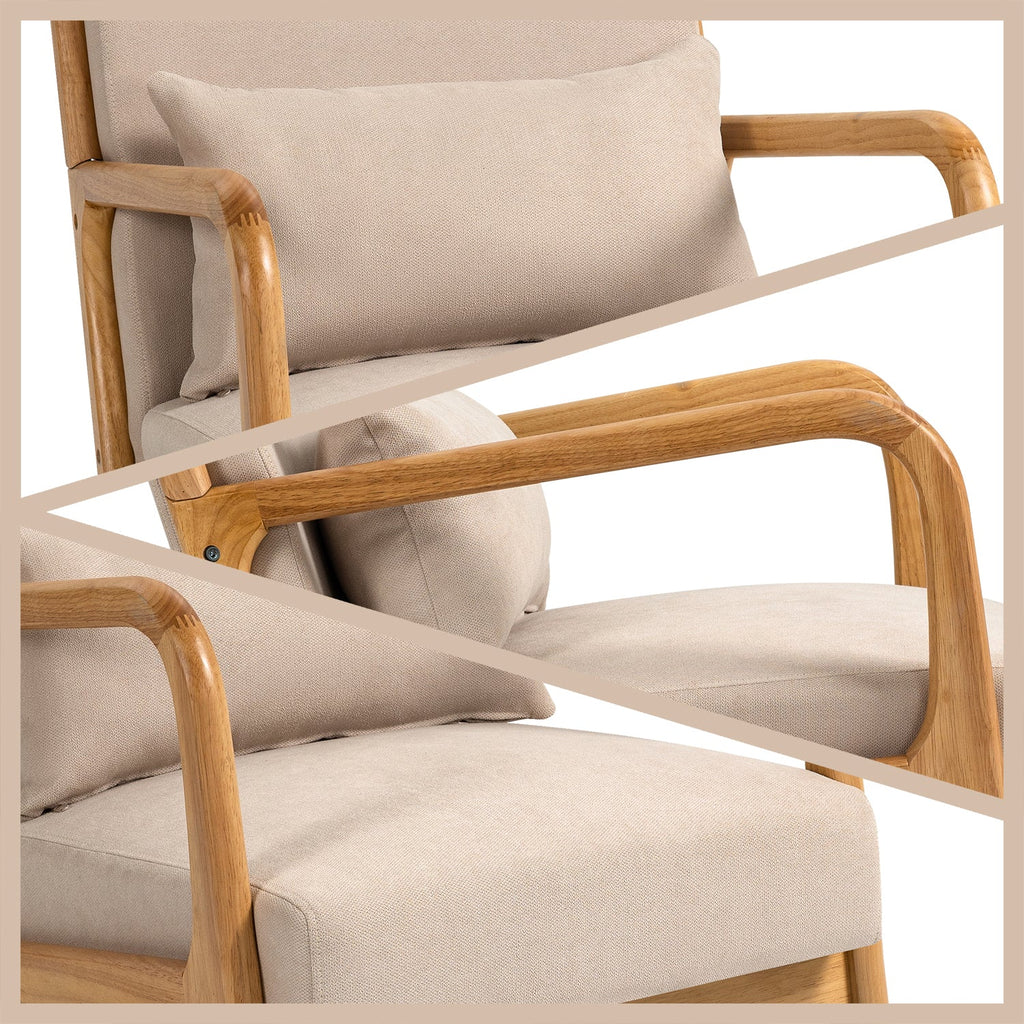 Accent Chair Mid Century Modern Beige Linen with Wood Armrest and Feet One Seat