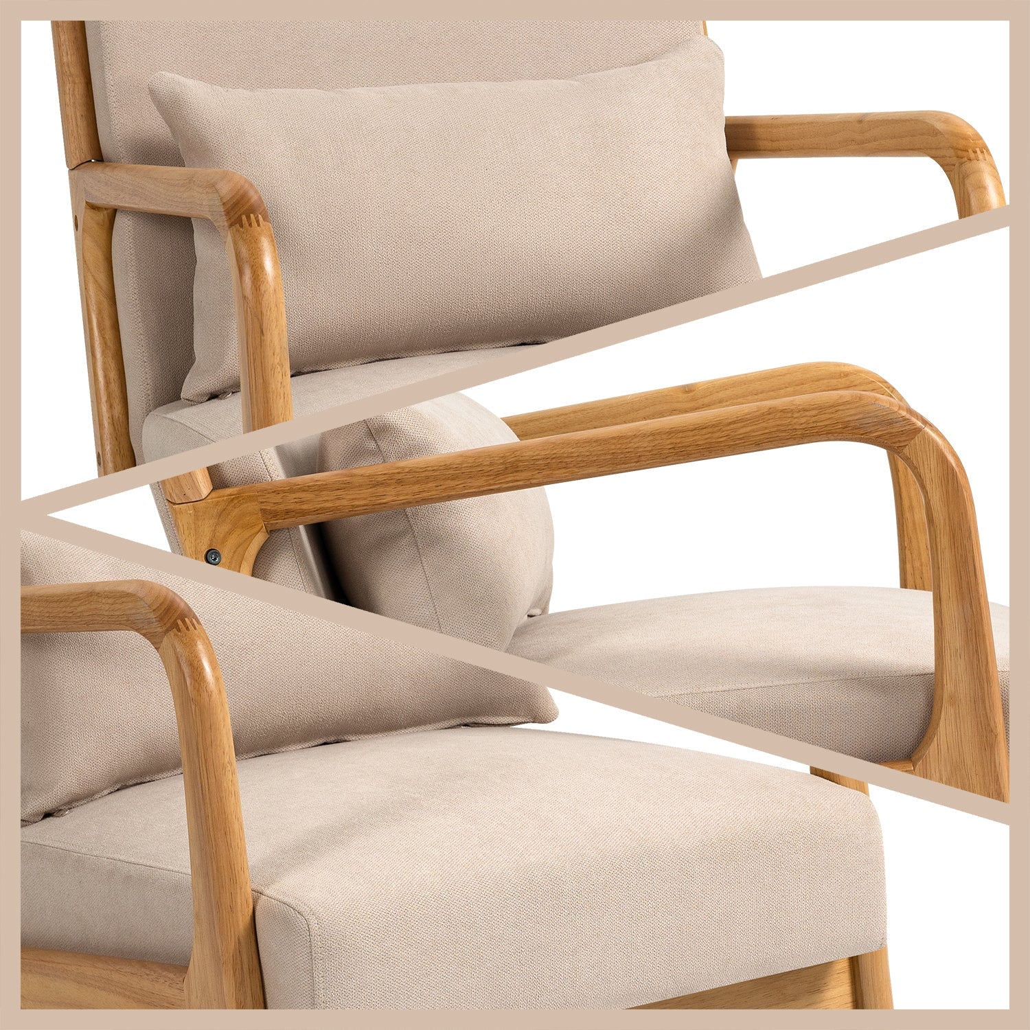 Accent Chair Mid Century Modern Beige Linen with Wood Armrest and Feet One Seat