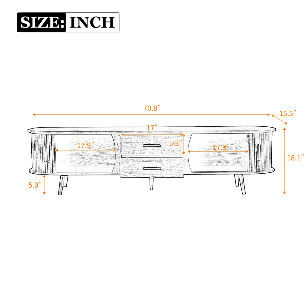 TV Stand Mid-Century Dark Brown Solid Wood Sliding Door Fits 80 In TV 70.8 In
