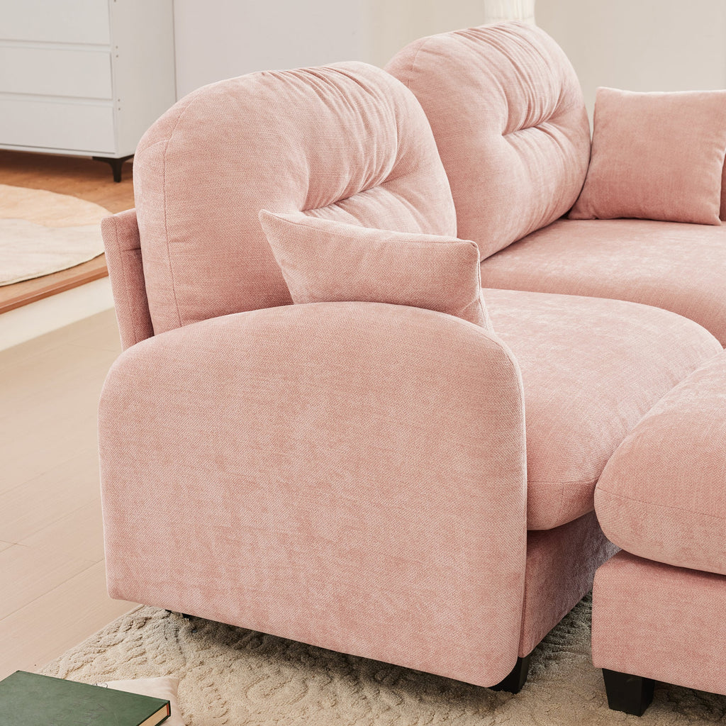 Sectional Sofa Modular Chenille Pink 3-Seat Tufted Pleated Cloud Style