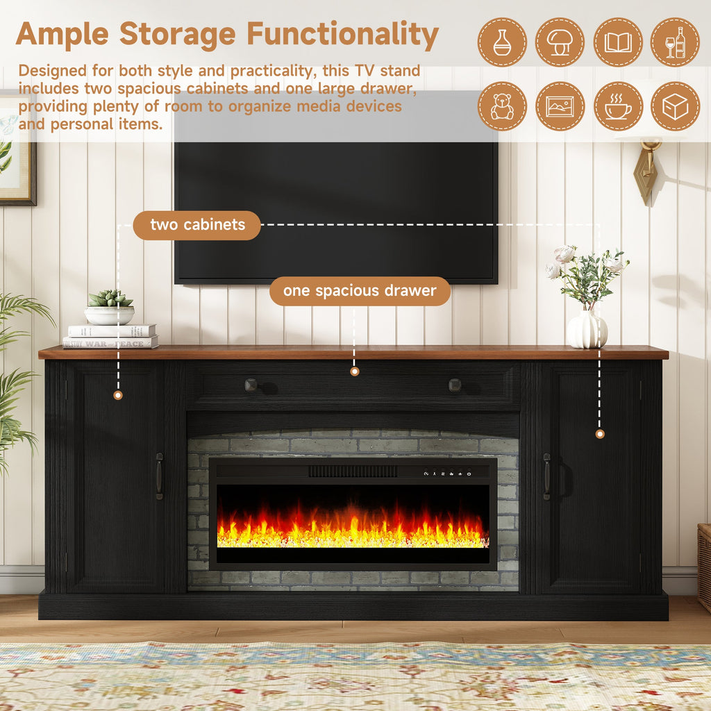 TV Stand Fireplace Black MDF Walnut Top Gray Brick 1400W Fits 70 In TV 66.9 In