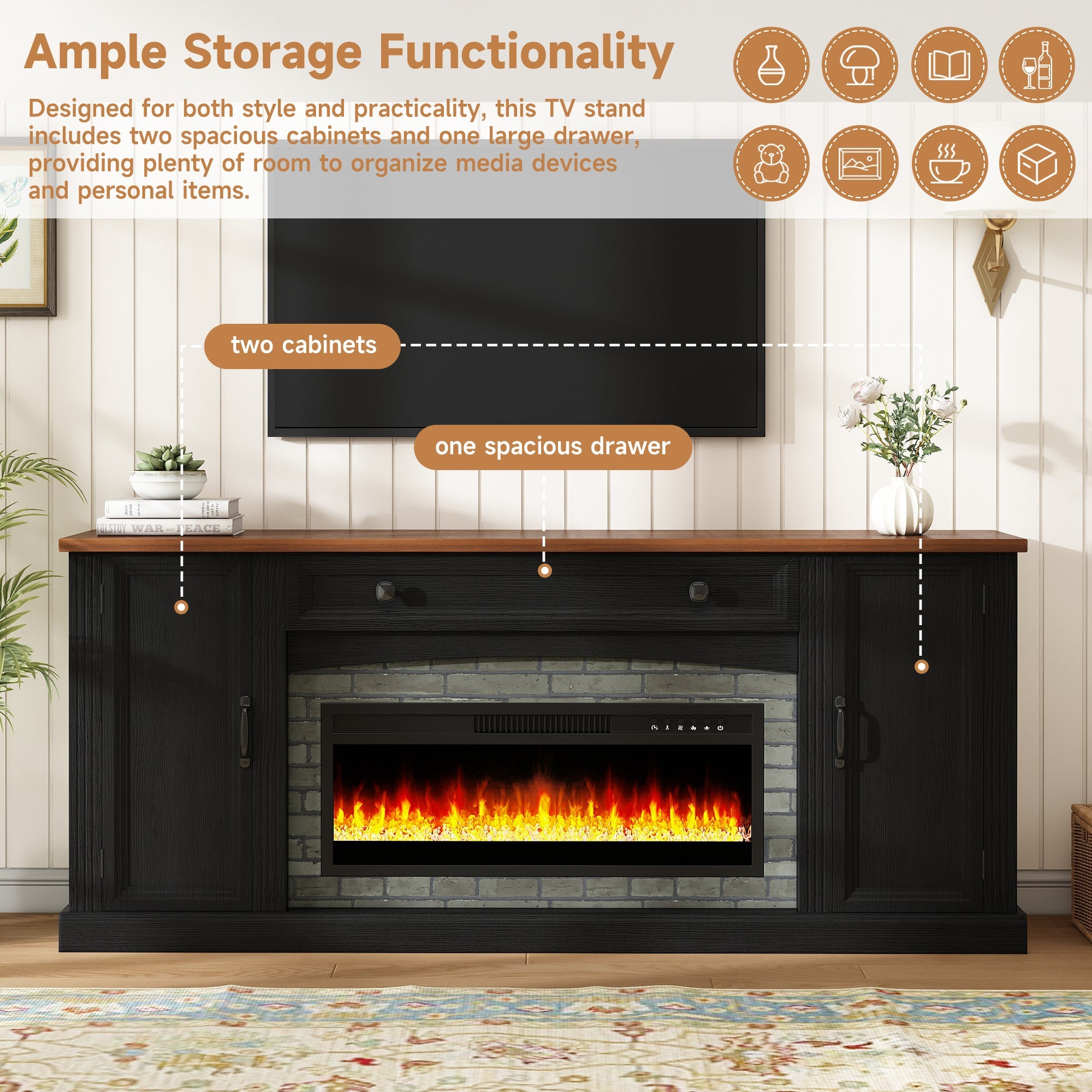 TV Stand Fireplace Black MDF Walnut Top Gray Brick 1400W Fits 70 In TV 66.9 In