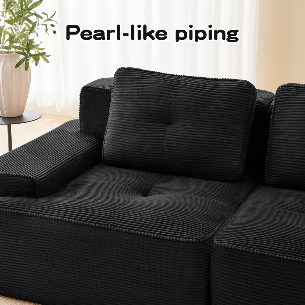 Sectional Sofa Modular Corduroy Black 3 Seater Tufted