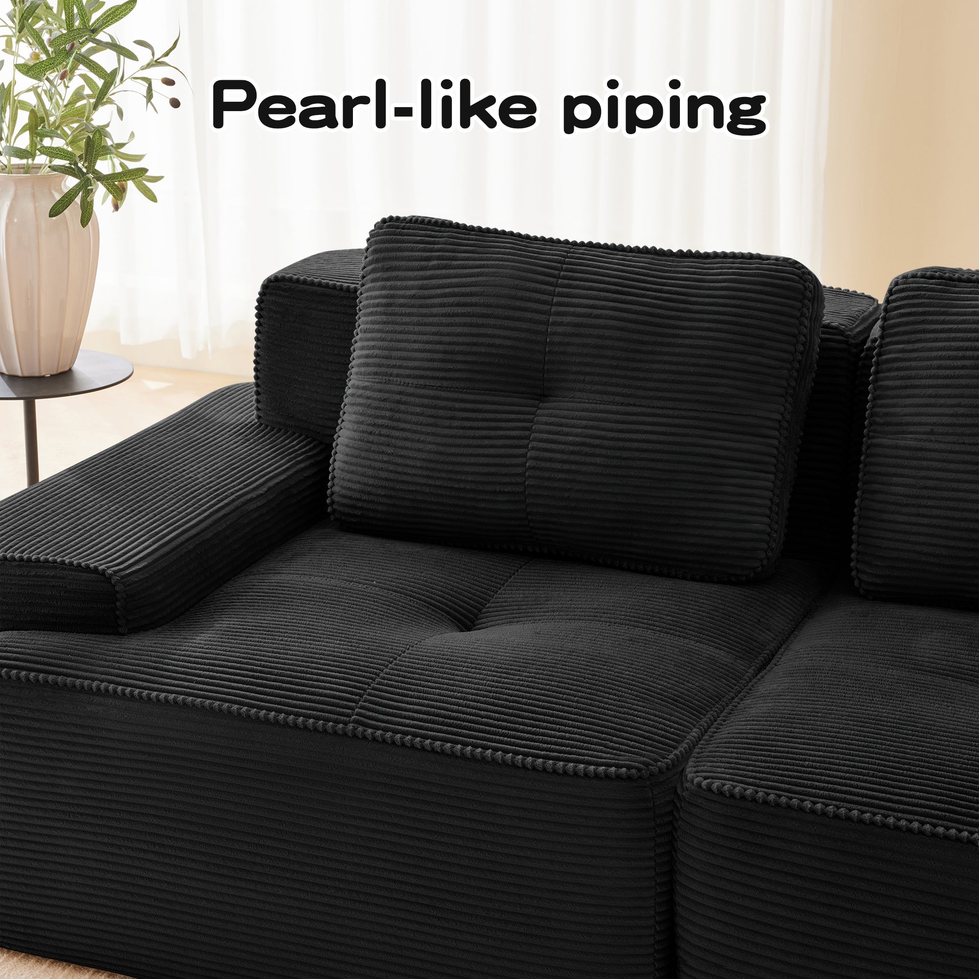 Sectional Sofa Modular Corduroy Black 3 Seater Tufted