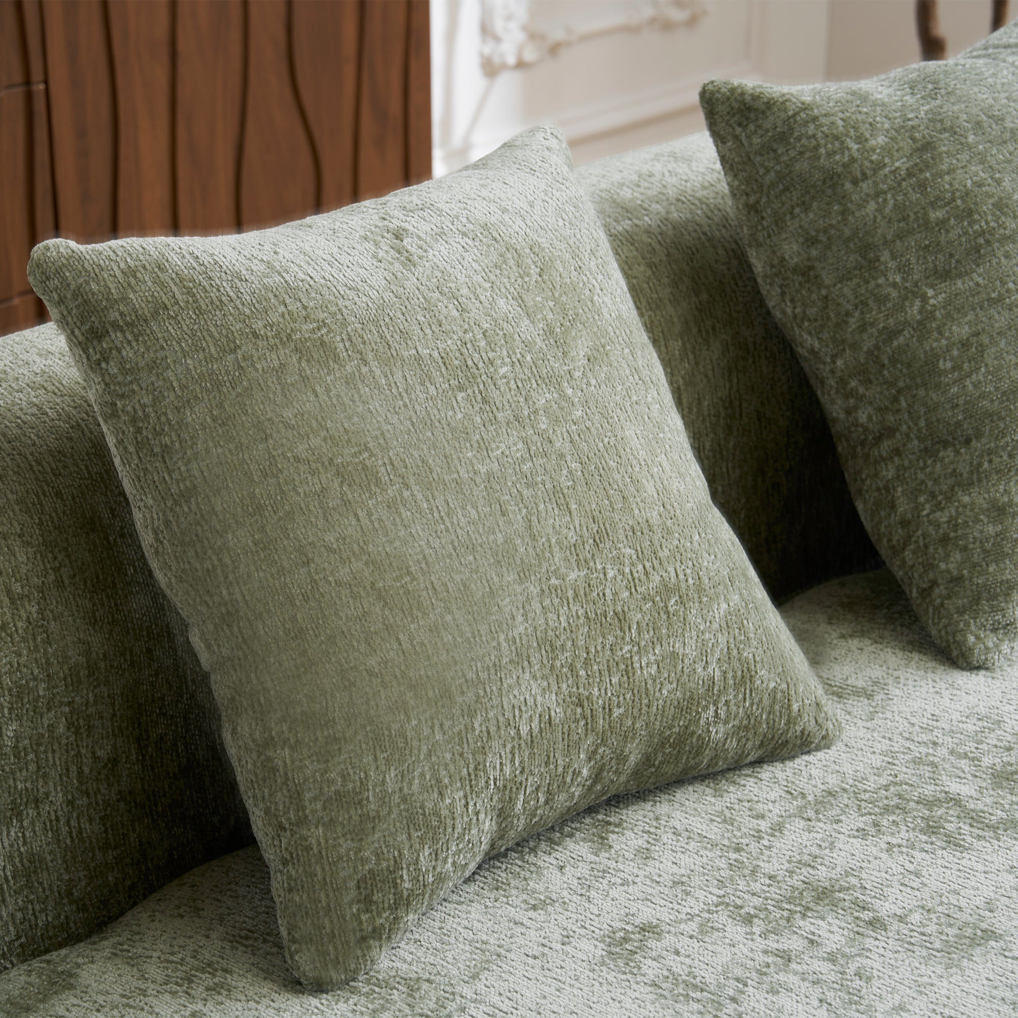 Sectional Sofa l Shape Chenille Green Curved Chaise with Foam and Spring Support
