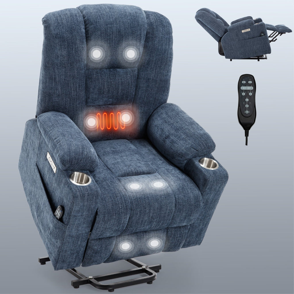Power Lift Recliner Chair Heat Massage USB Cup Holders, Blue