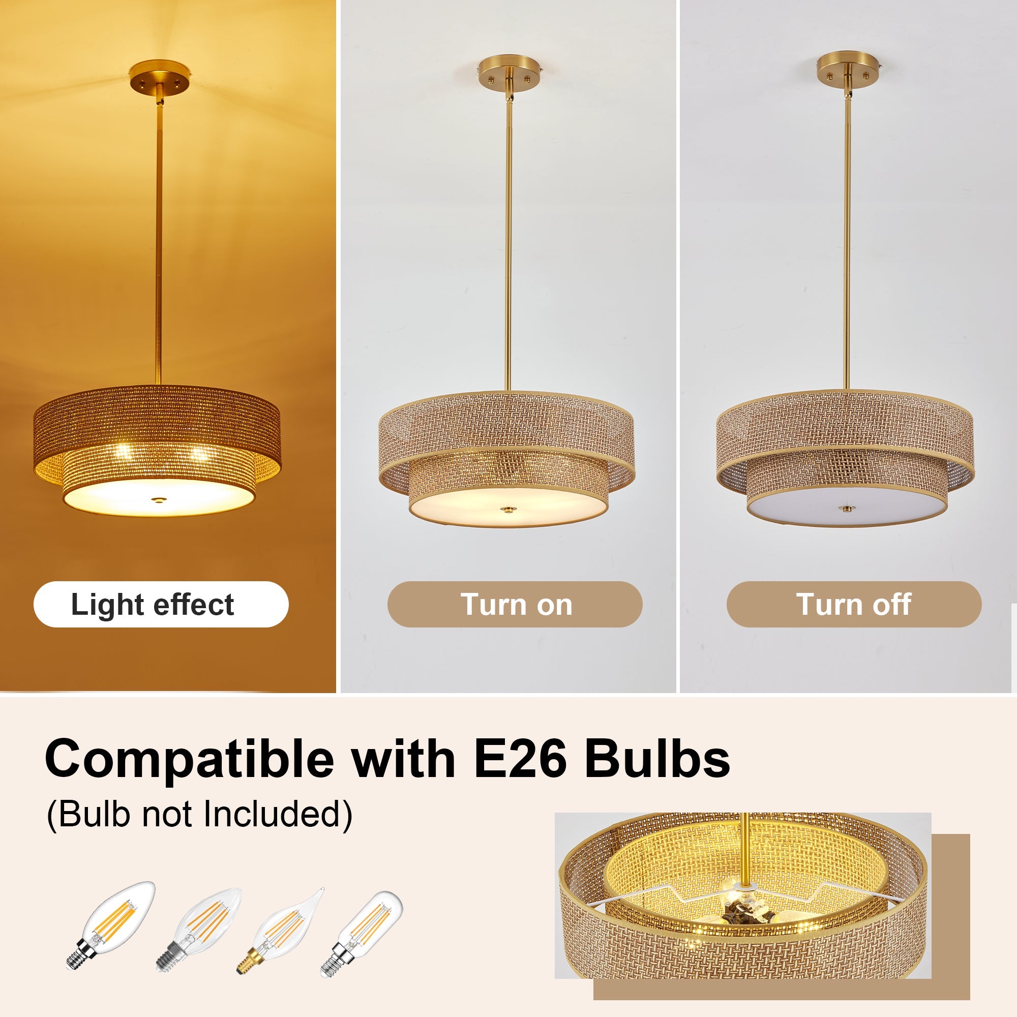 Semi Flush Mount Ceiling Light Woven Rattan Linen Boho Drum 17.7 In