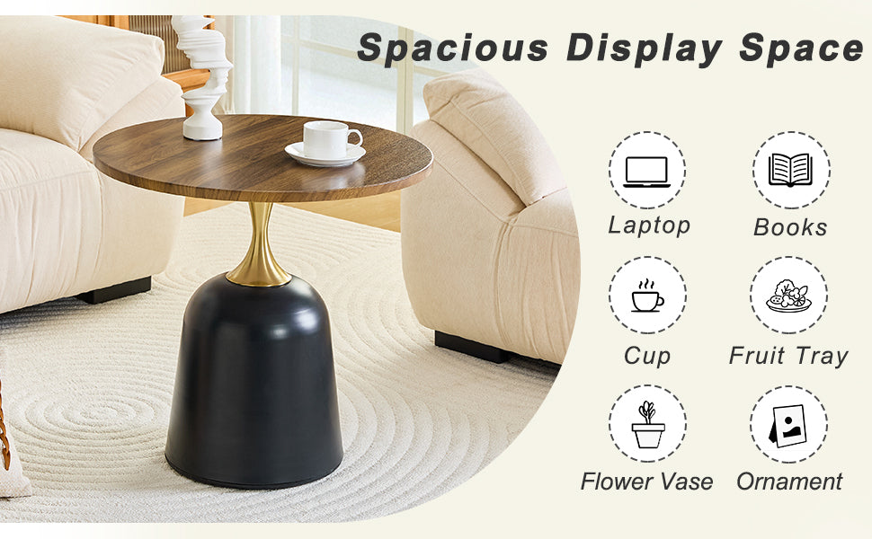 23.6 in Round Side Table, Metal Base, Walnut Wood Grain, Living Room Office