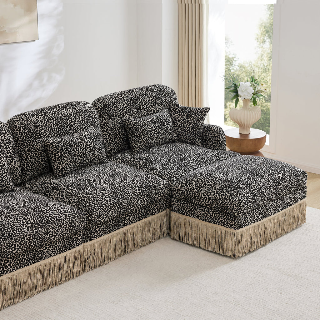 Sectional Sofa Modern Leopard Chenille Khaki Black 4-seater Deep Seat