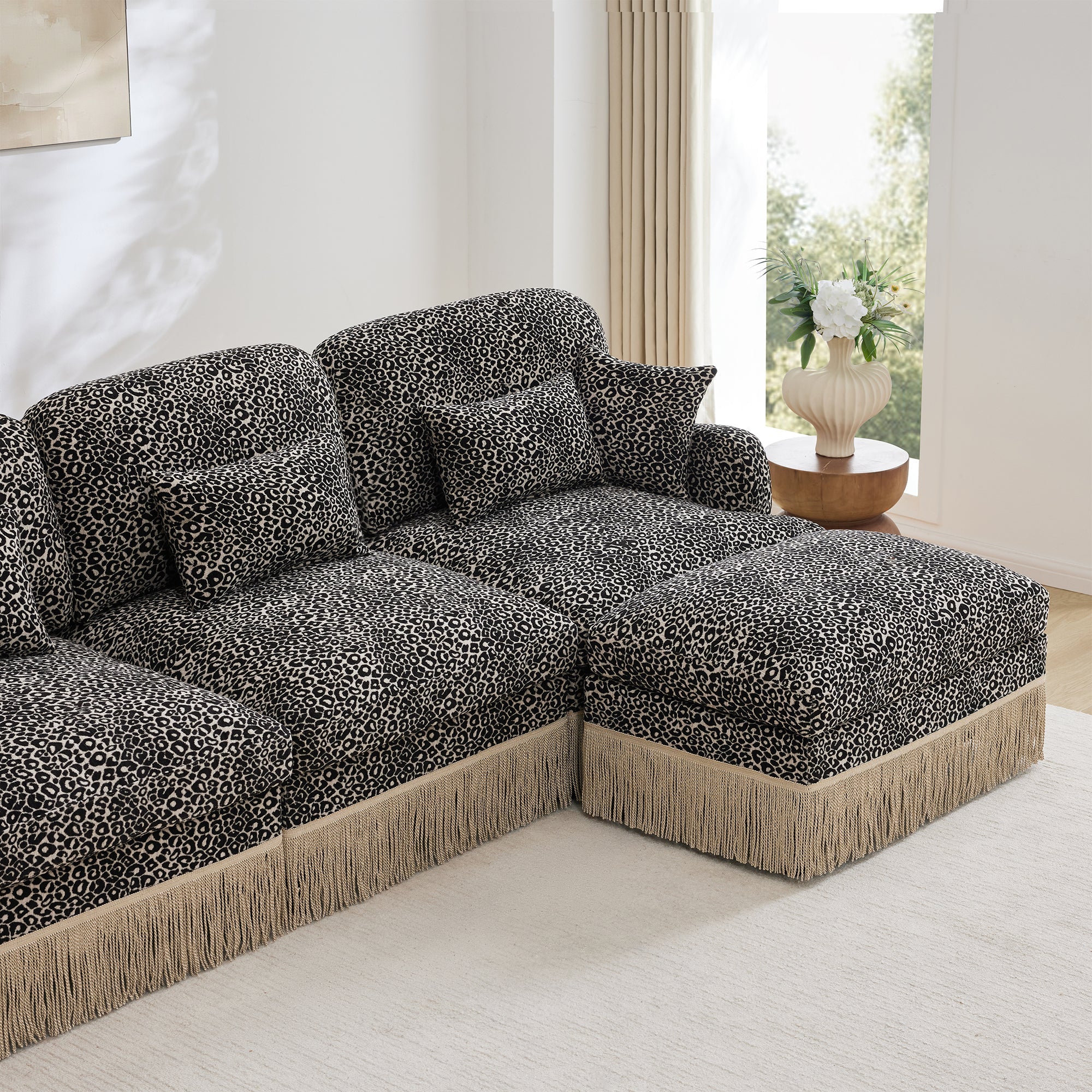 Sectional Sofa Modern Leopard Chenille Khaki Black 4-seater Deep Seat