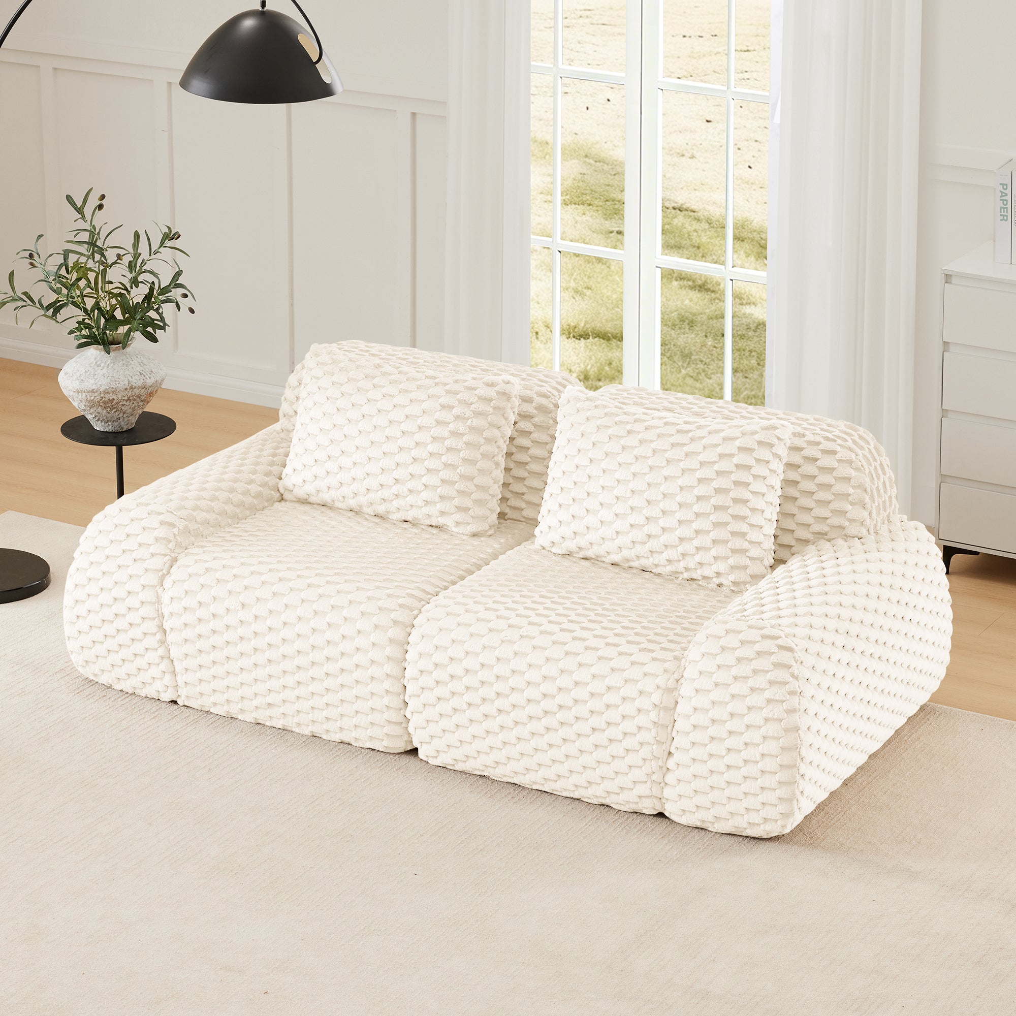Sectional Sofa Modern Modular Cream Flannelette Deep Seat 82 Inch