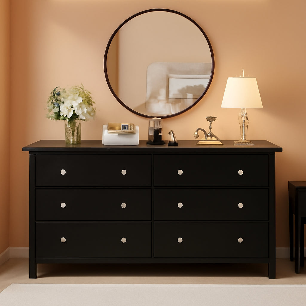 Black Dresser With Six Deep Drawers For TV Storage