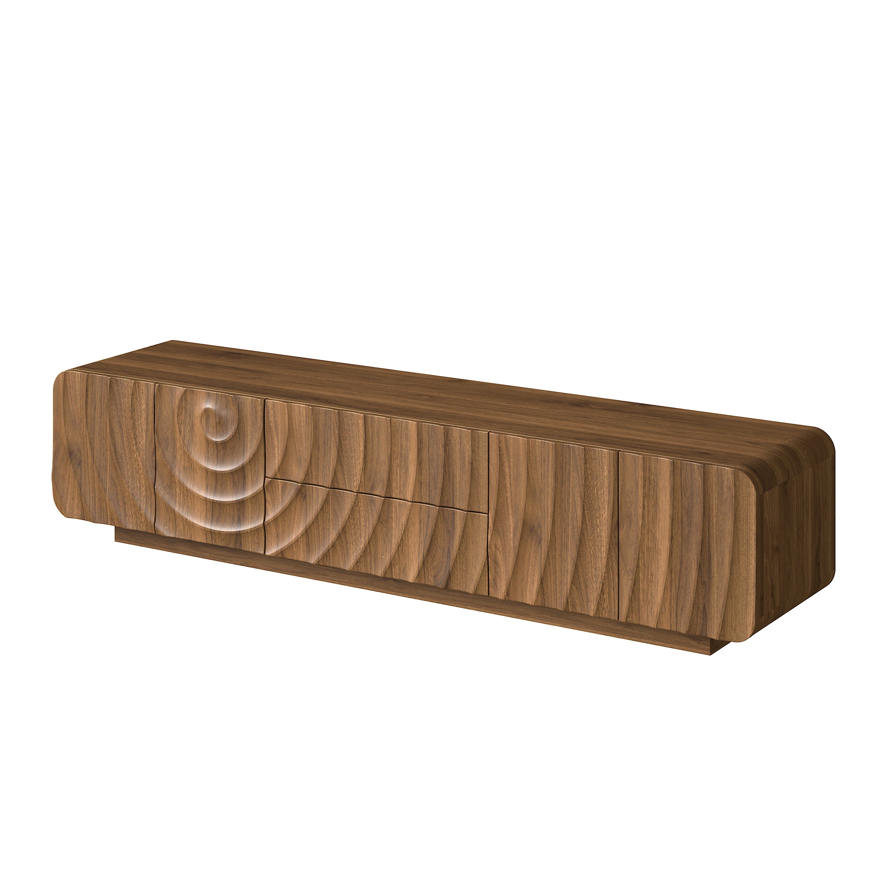 TV Stand Mid-Century Spiral Wave Walnut MDF Floating Base Fits 85 In TV
