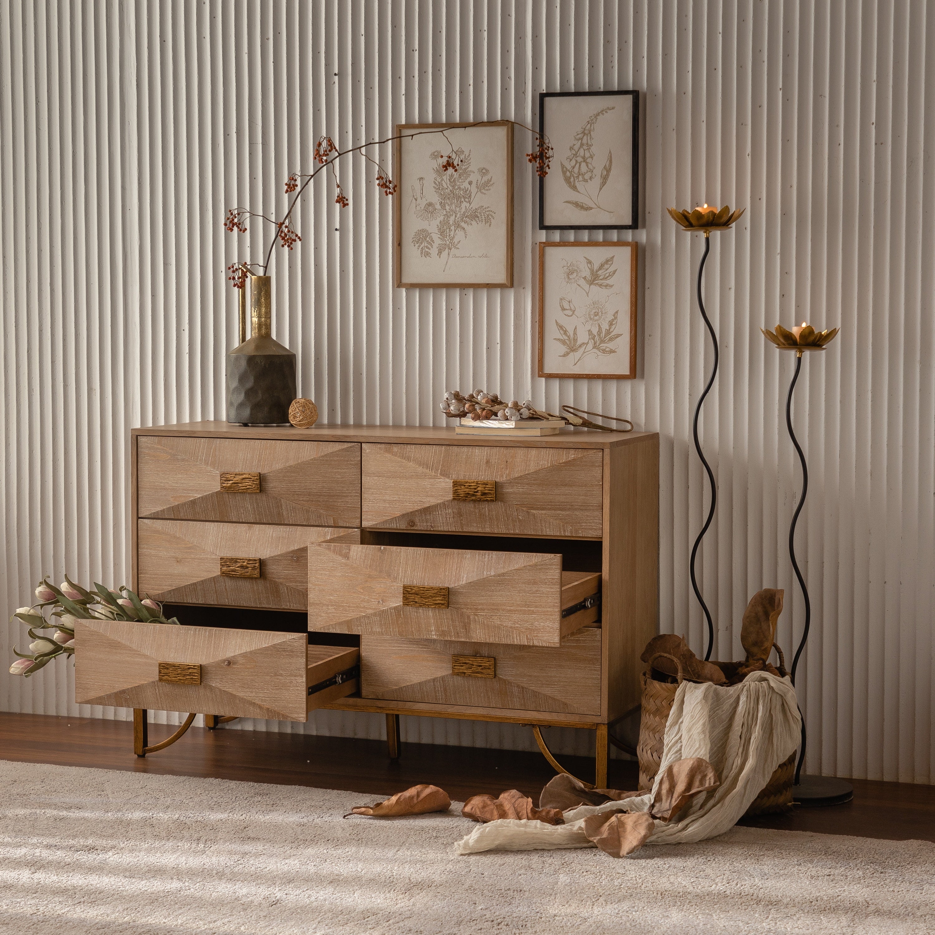 Chest Modern 6-Drawer Natural Wood Geometric Diamond Gold Legs 47.24 In