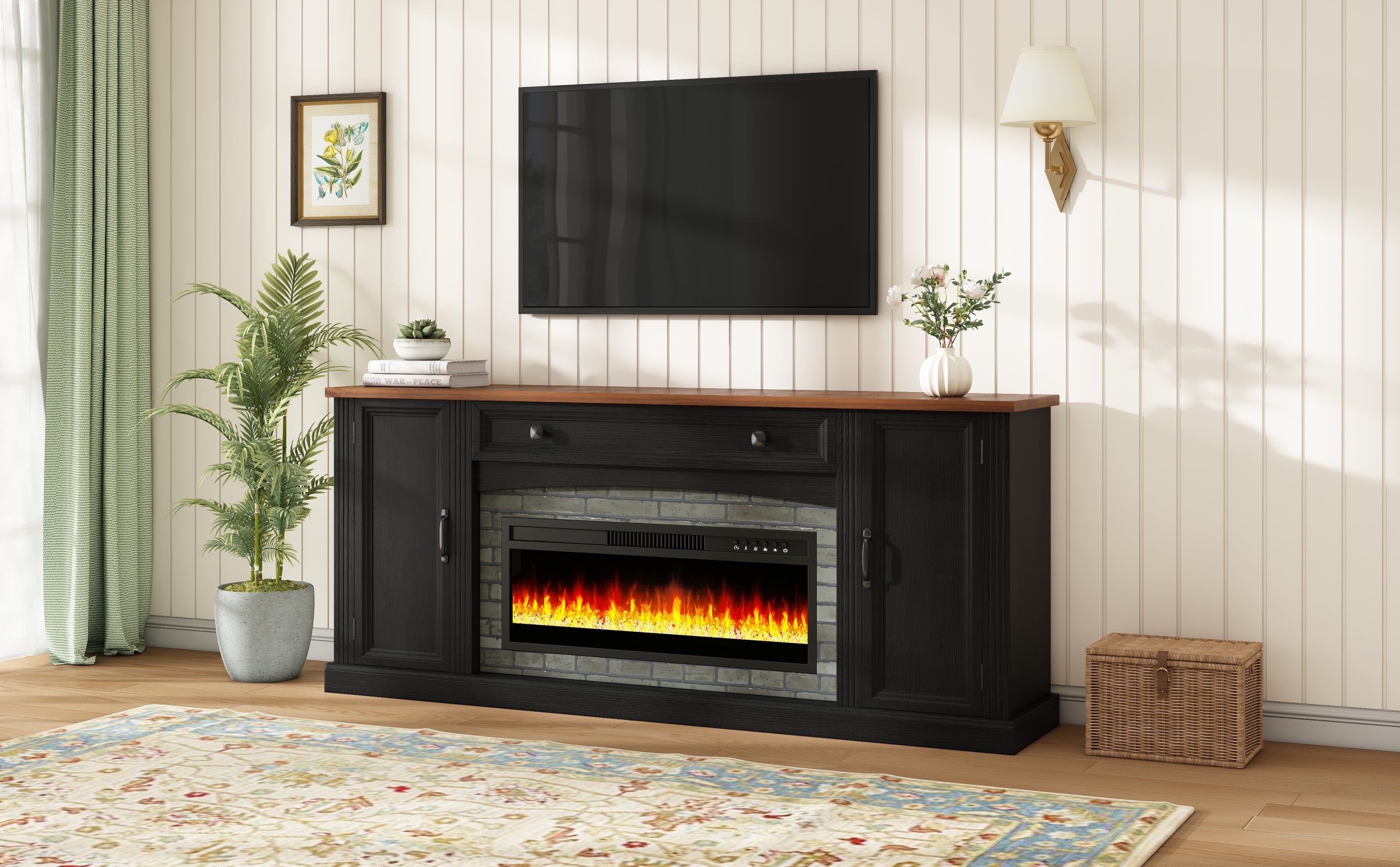 TV Stand Fireplace Black MDF Walnut Top Gray Brick 1400W Fits 70 In TV 66.9 In