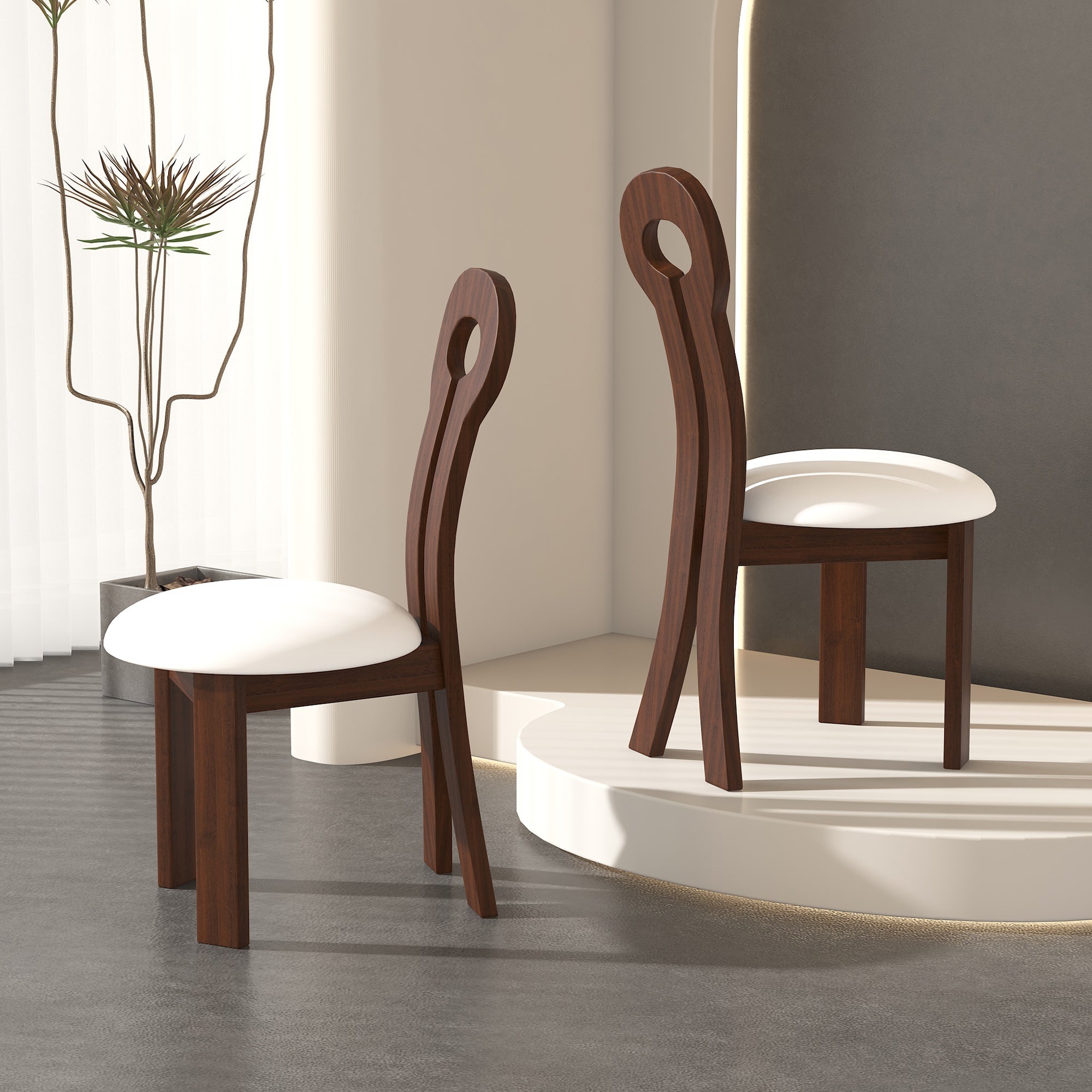 Dining Chairs Set of 2, Key-design Home Chairs, PU Leather Solid Wooden Dining Chairs with White Round Cushion for Kitchen Dining Room-Deep Walnut Brown