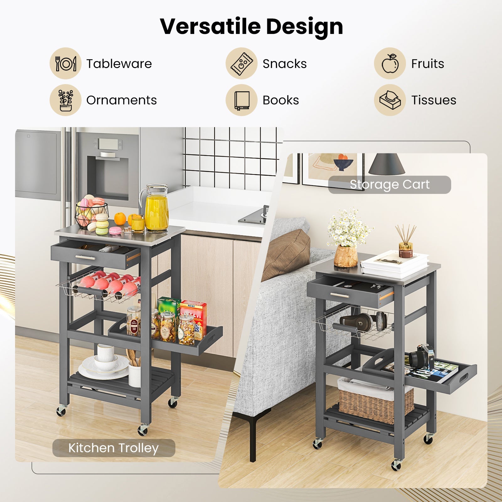 Kitchen Island Cart with Stainless Steel Tabletop and Basket