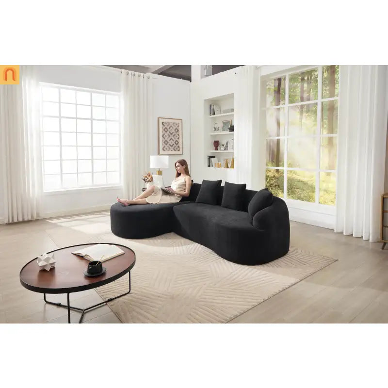 L-Shape Modular Sectional Sofa with Curved Chaise, Black Chenille Sleeper