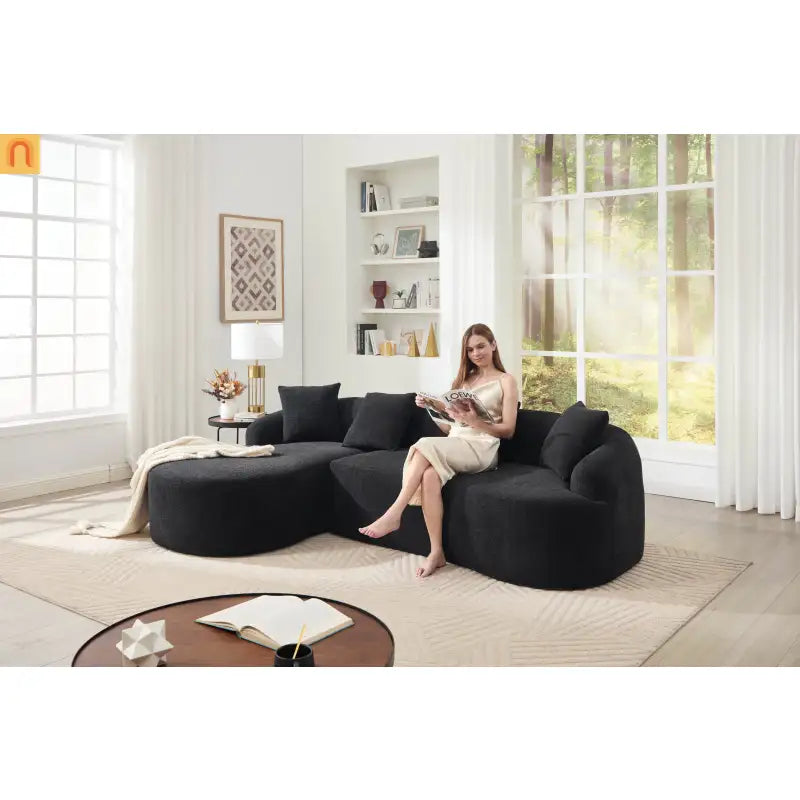 L-Shape Modular Sectional Sofa with Curved Chaise, Black Chenille Sleeper