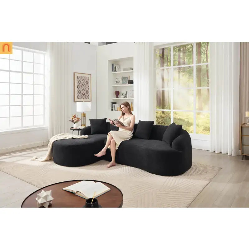 L-Shape Modular Sectional Sofa with Curved Chaise, Black Chenille Sleeper