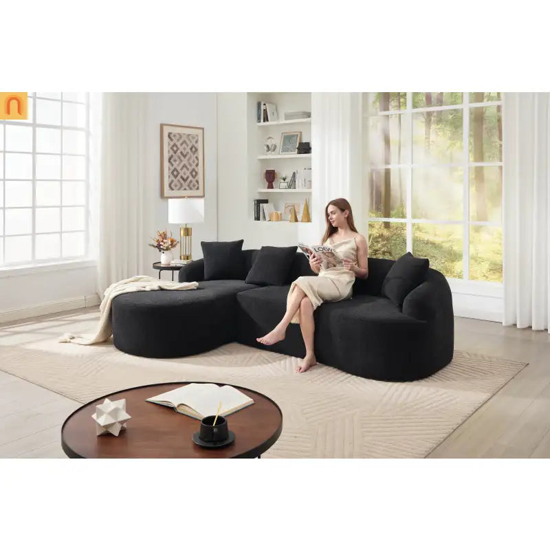 L-Shape Modular Sectional Sofa with Curved Chaise, Black Chenille Sleeper