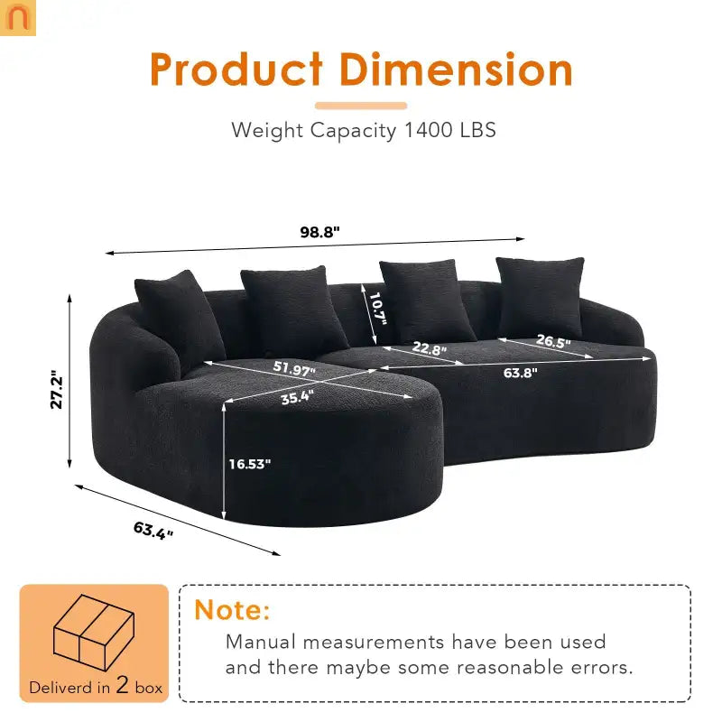 L-Shape Modular Sectional Sofa with Curved Chaise, Black Chenille Sleeper