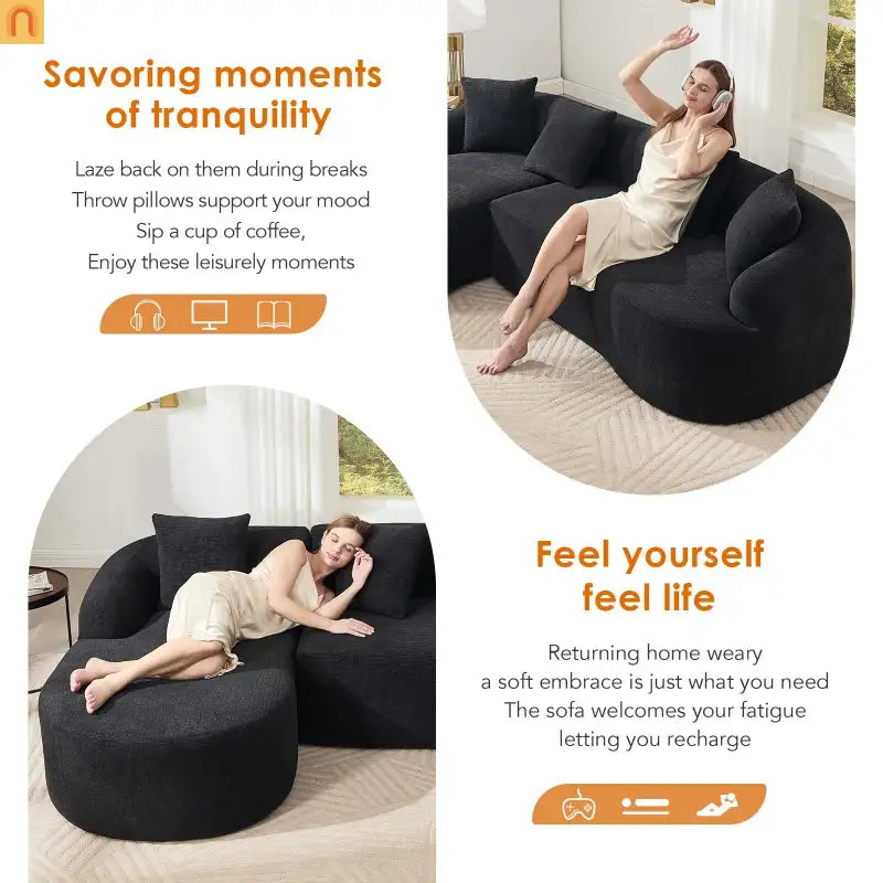 L-Shape Modular Sectional Sofa with Curved Chaise, Black Chenille Sleeper