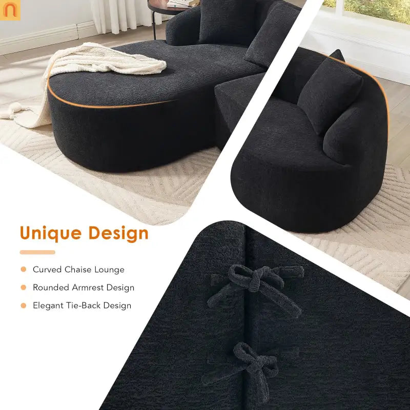 L-Shape Modular Sectional Sofa with Curved Chaise, Black Chenille Sleeper