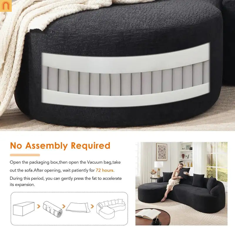 L-Shape Modular Sectional Sofa with Curved Chaise, Black Chenille Sleeper