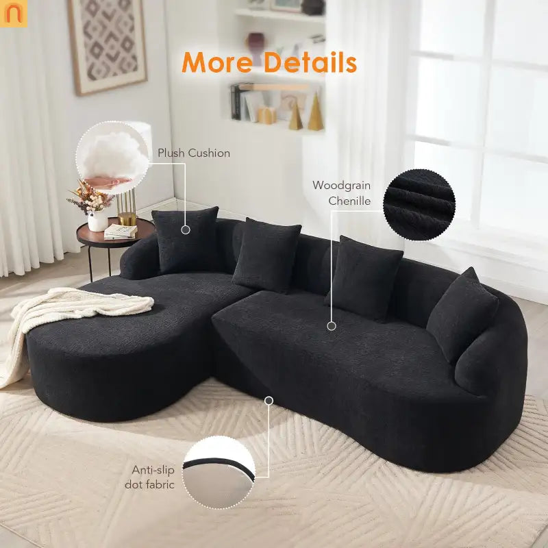 L-Shape Modular Sectional Sofa with Curved Chaise, Black Chenille Sleeper