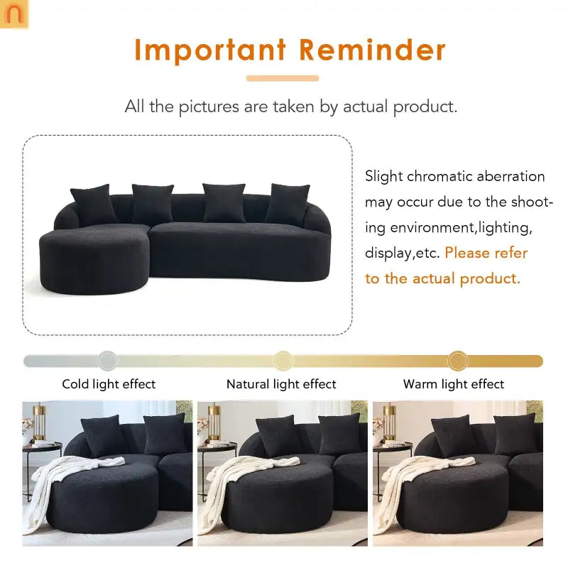 L-Shape Modular Sectional Sofa with Curved Chaise, Black Chenille Sleeper