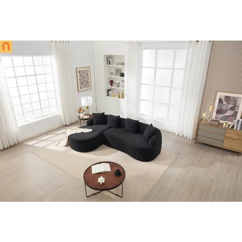 L-Shape Modular Sectional Sofa with Curved Chaise, Black Chenille Sleeper