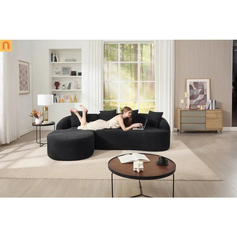 L-Shape Modular Sectional Sofa with Curved Chaise, Black Chenille Sleeper