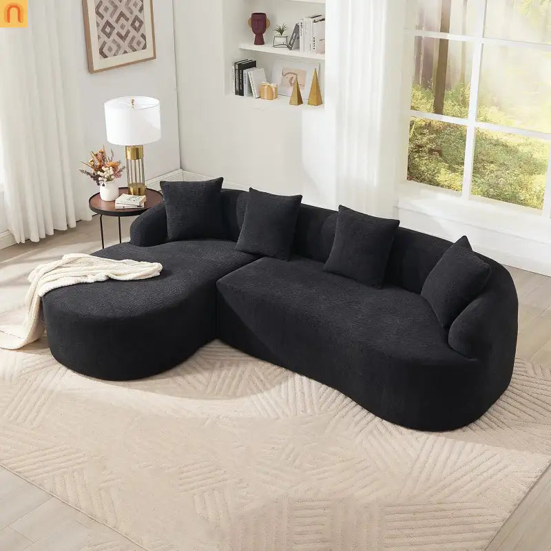 L-Shape Modular Sectional Sofa with Curved Chaise, Black Chenille Sleeper
