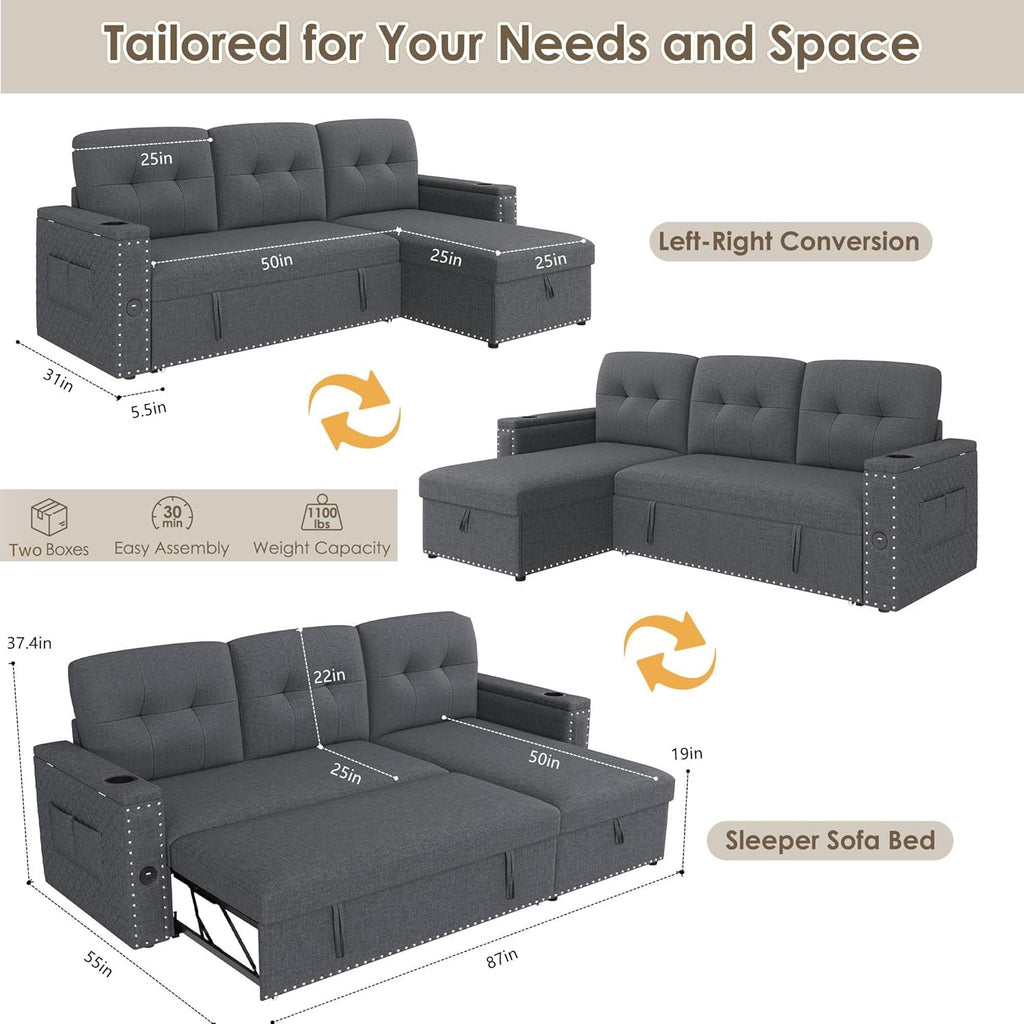 L Shaped Sleeper Sofa Bed with Storage and USB Port