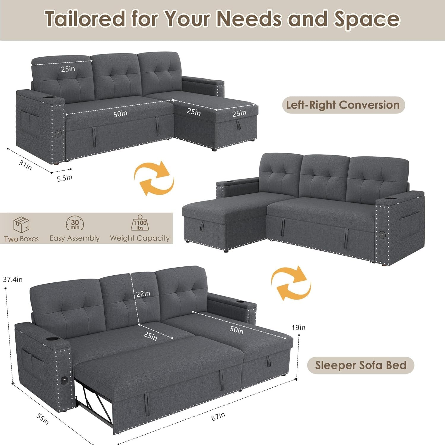 L Shaped Sleeper Sofa Bed with Storage and USB Port