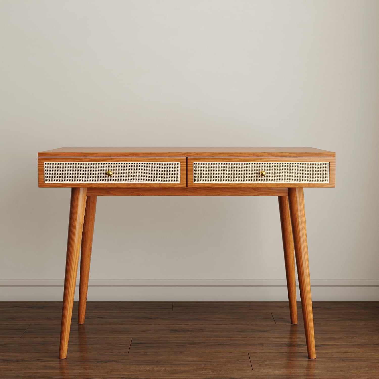 Mid Century Modern Solid Wood Desk With Drawers 45 Inch Rattan Writing Desk