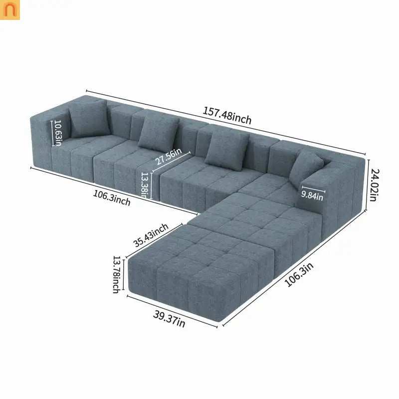 Sectional Sofa Modular Flannelette Gray 6 Seat Convertible 145 In