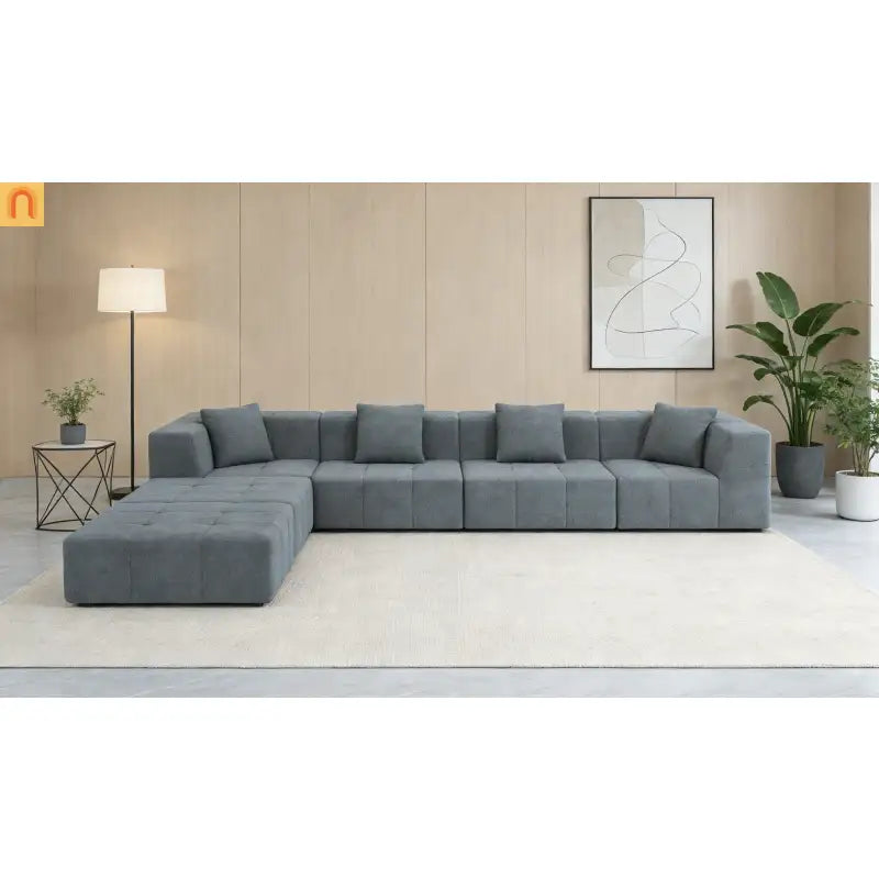 Sectional Sofa Modular Flannelette Gray 6 Seat Convertible 145 In