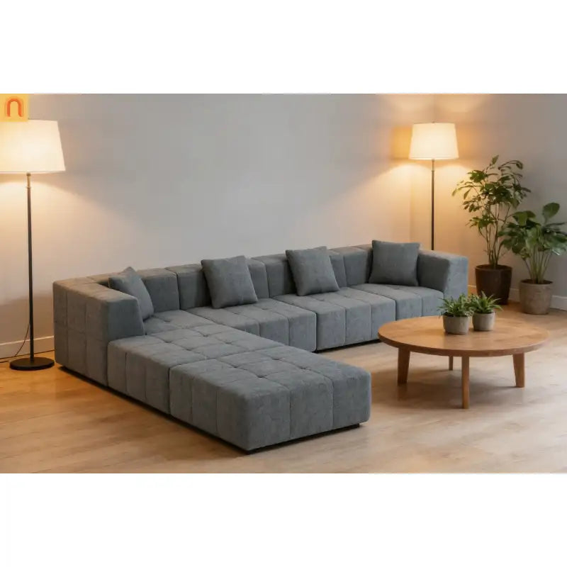 Sectional Sofa Modular Flannelette Gray 6 Seat Convertible 145 In