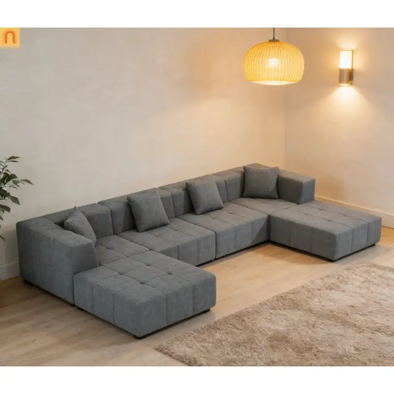 Sectional Sofa Modular Flannelette Gray 6 Seat Convertible 145 In